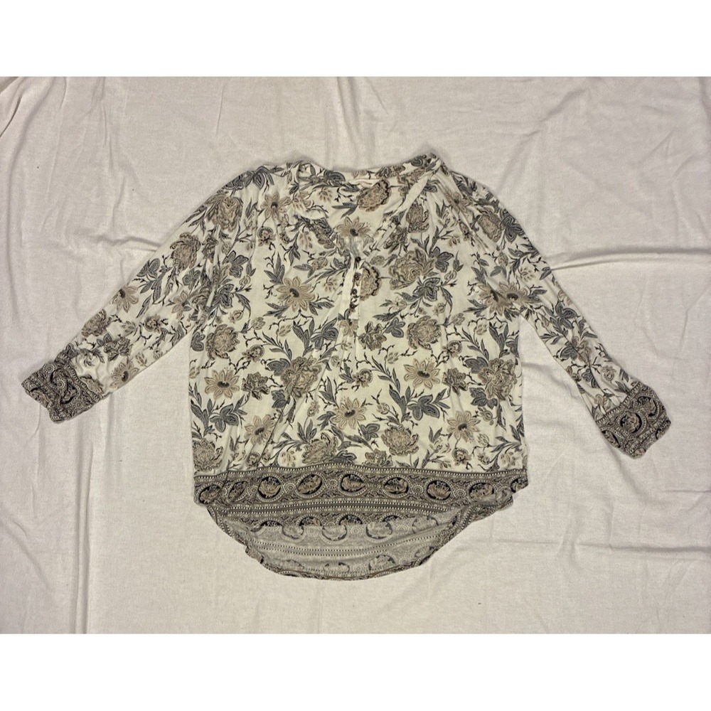 Lucky Brand Woman's Top XL‎ Multi Floral Border Top Henley V-Neck Peasant Blouse